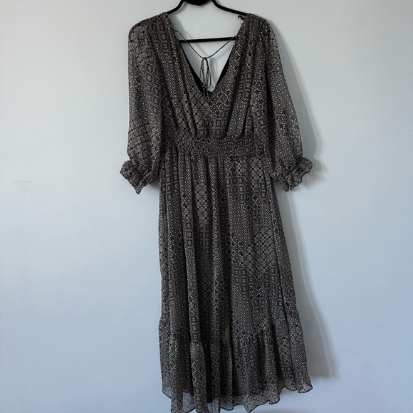 Dex Black & White Boho Maxi Dress – Smocked Waist, V-Neck, XL - Picture 2 of 13